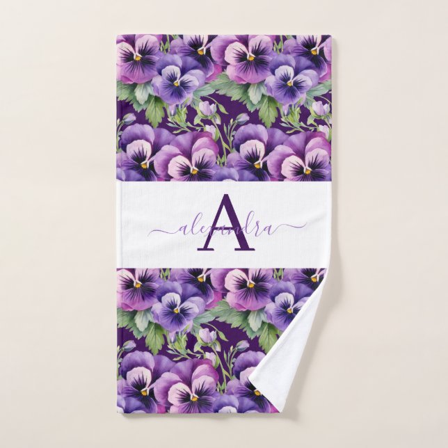 Monogram Purple and White Pansy Pansies Towel Set (Hand Towel)
