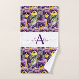 Monogram Purple and White Pansy Pansies Towel Set