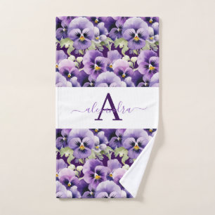 Monogram Purple and White Pansy Pansies Towel Set