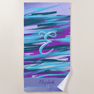 Monogram Purple, Aqua, Teal & Green Abstract Art  Beach Towel
