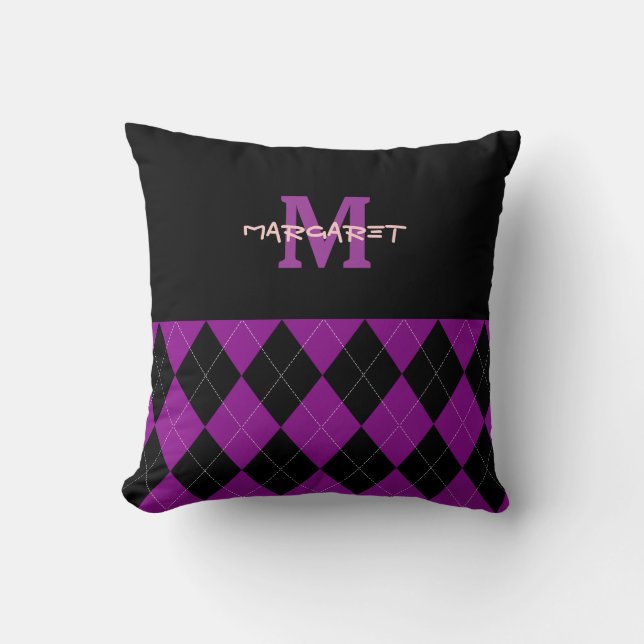 Monogram Purple Black Argyle Throw Pillow (Front)