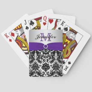 Monogram Purple Black Silver Damask Playing Cards