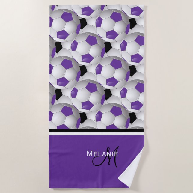 Monogram Purple Black Soccer Ball Pattern Beach Towel (Front)