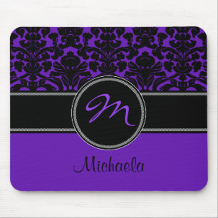 Monogram Purple Black White Damask Mousepad