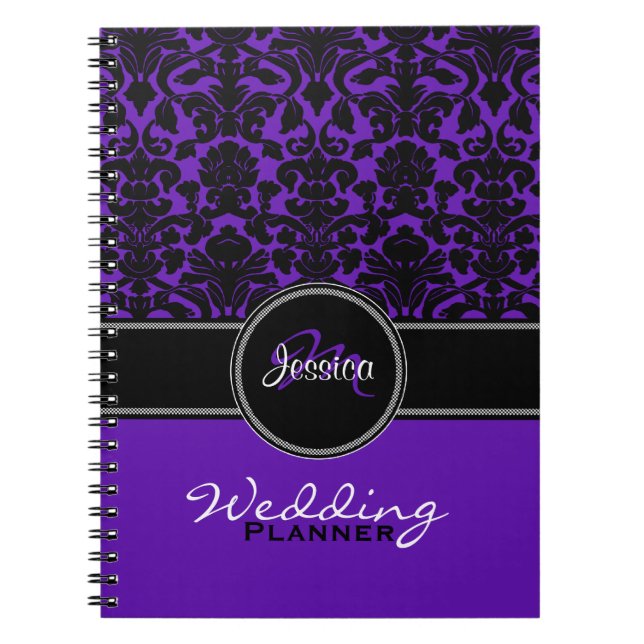 Monogram Purple Black White Damask Wedding Planner Notebook (Front)