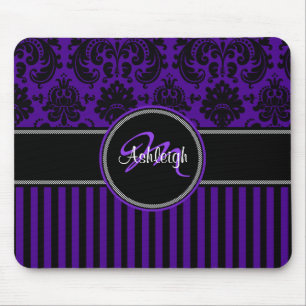 Monogram Purple Black White Stripe Damask Mousepad