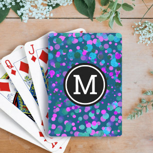 Monogram purple blue confetti dots on teal modern playing cards