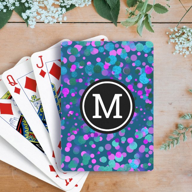Monogram purple blue confetti dots on teal modern playing cards (Creator Uploaded)