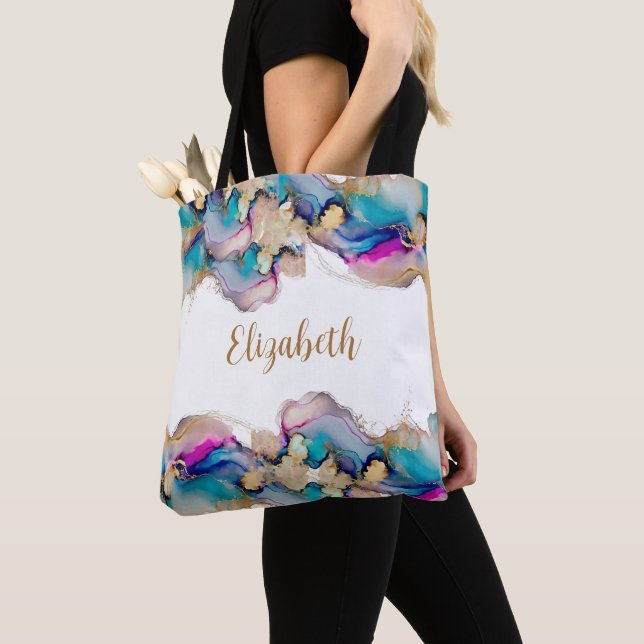 Monogram Purple Blue Gold Watercolor Alcohol Ink  Tote Bag (Close Up)