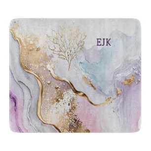 Monogram Purple Blue Gold Watercolor Wash Cutting Board