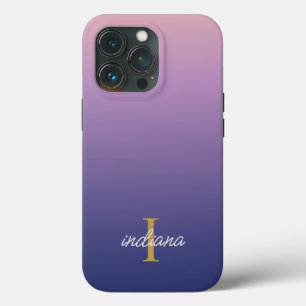 Monogram Purple Blue Ombre Stylish Script Name iPhone 13 Pro Case