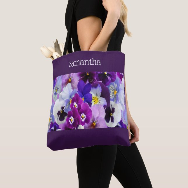 Monogram Purple Blue White Floral Bridesmaid gift Tote Bag (Close Up)