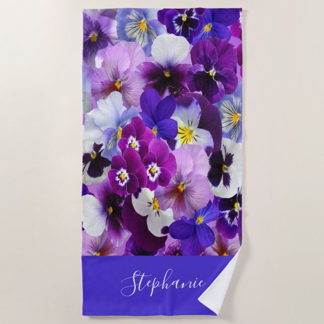 Monogram Purple Blue White Floral Pansy Flowers  Beach Towel (Front)