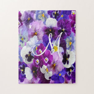Monogram Purple Blue White Pansy Floral Flowers  Jigsaw Puzzle
