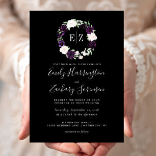 Monogram Purple Blush Floral Black Wedding Invitation