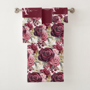 Monogram Purple Burgundy Pink Roses Towel Set