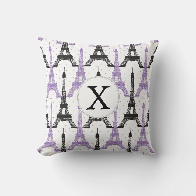 Monogram Purple Chic Eiffel Tower Pattern Cushion (Front)