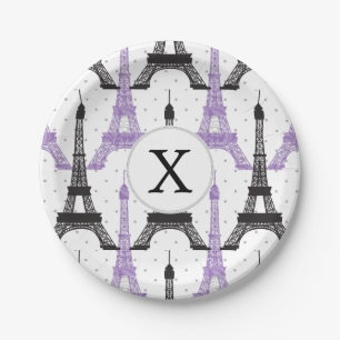 Monogram Purple Chic Eiffel Tower Pattern Paper Plate