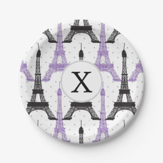 Monogram Purple Chic Eiffel Tower Pattern Paper Plate