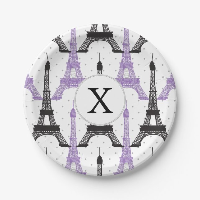 Monogram Purple Chic Eiffel Tower Pattern Paper Plate (Front)