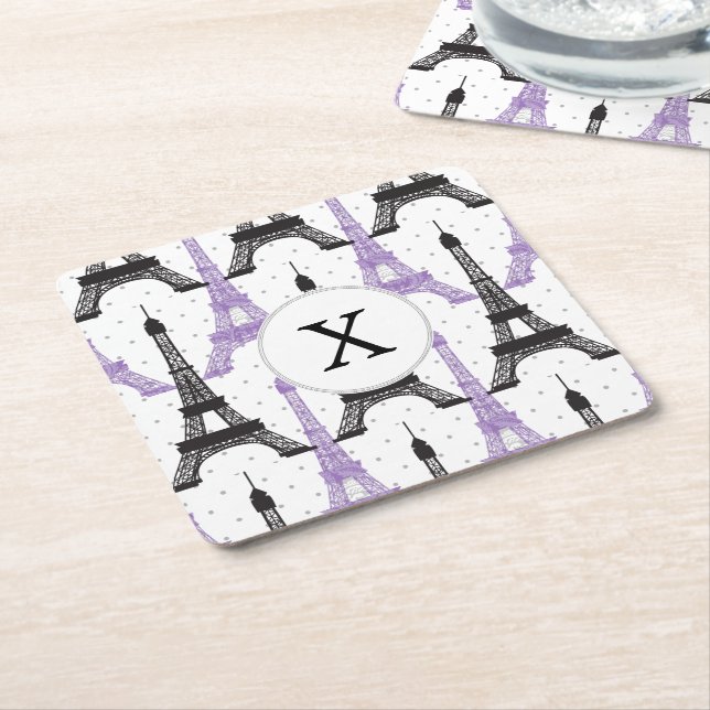 Monogram Purple Chic Eiffel Tower Pattern Square Paper Coaster (Angled)