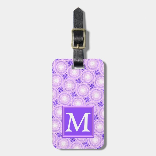 Monogram purple circles pattern luggage tag (Front Vertical)
