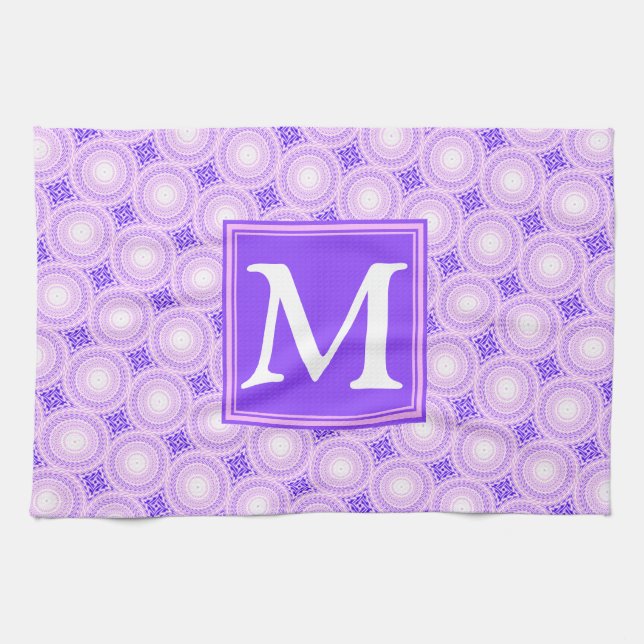 Monogram purple circles pattern tea towel (Horizontal)