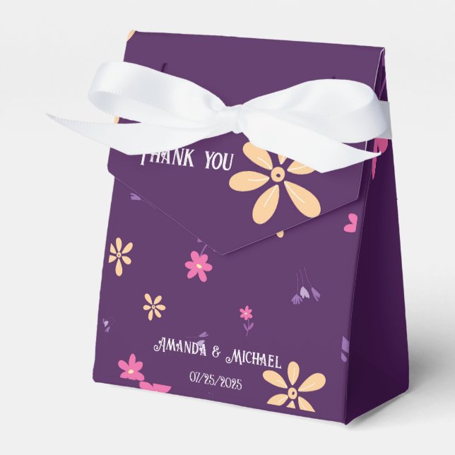 Monogram Purple Daisy Flower Pattern Wedding Favour Box (Front Side)