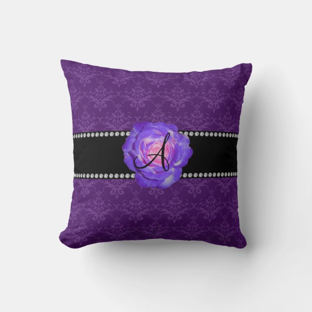 Monogram purple damask purple rose cushion (Front)