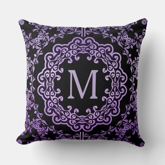 Monogram Purple Filigree Motif Throw Pillow (Front)