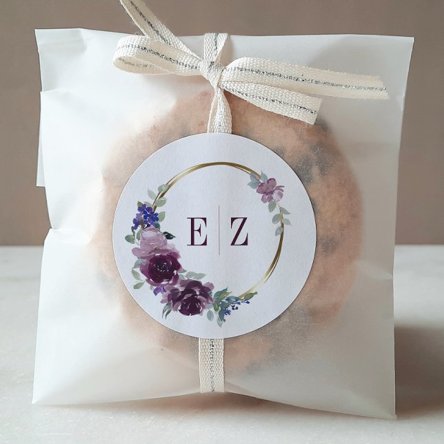 Monogram Purple Floral Boho Gold Frame Wedding Classic Round Sticker (Creator Uploaded)