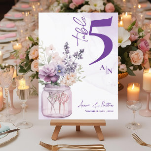 Monogram Purple Floral Frame Wedding Table Number