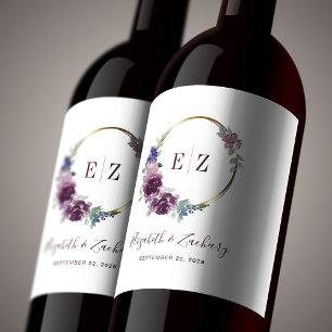 Monogram Purple Floral Wreath Boho Gold Frame Wine Label