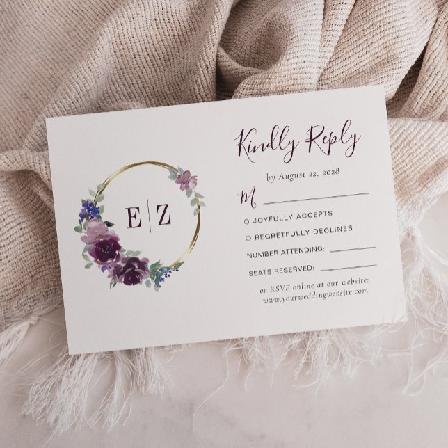 Monogram Purple Floral Wreath Gold Hoop Wedding RSVP Card (Creator Uploaded)