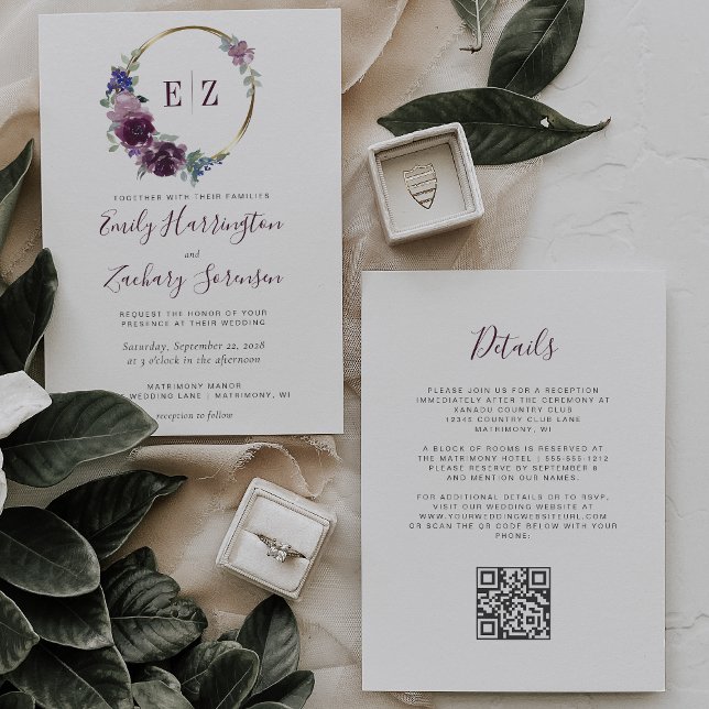 Monogram Purple Floral Wreath QR Code Wedding Invitation (Creator Uploaded)