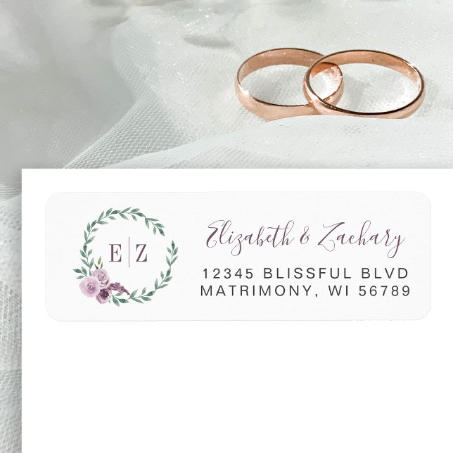 Monogram Purple Floral Wreath Return Address Label (Creator Uploaded)