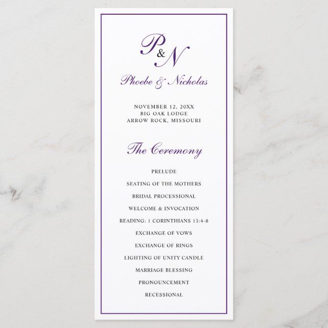 Monogram Purple Formal Elegant Wedding Program (Front)