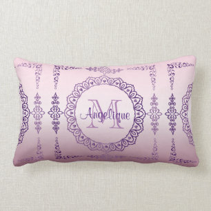 Monogram Purple Frame Fancy Lace Girly Jewel Lilac Lumbar Cushion