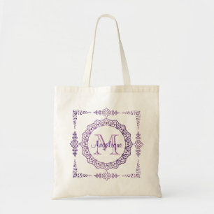 Monogram Purple Frame Fancy Lace Girly Jewel Lilac Tote Bag