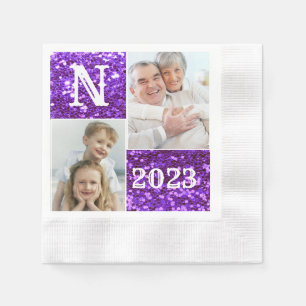 Monogram Purple Glitter 2 Photos Collage Napkin