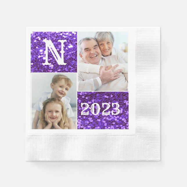 Monogram Purple Glitter 2 Photos Collage  Napkin (Front)