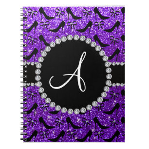 Monogram purple glitter black high heels bow notebook