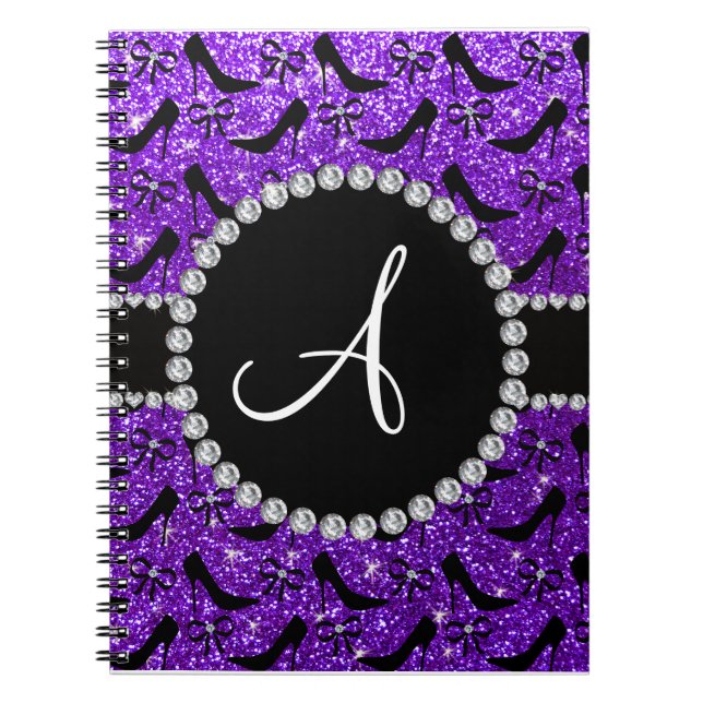Monogram purple glitter black high heels bow notebook (Front)