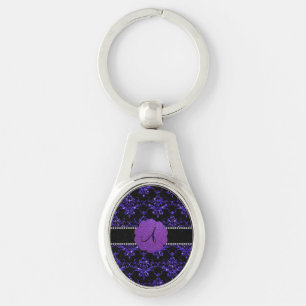 Monogram purple glitter damask key ring