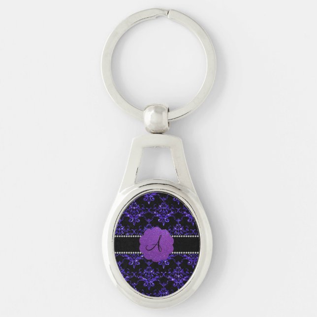 Monogram purple glitter damask key ring (Front)