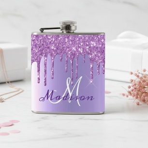 Monogram Purple Glitter Drips Girly Sparkle Hip Flask