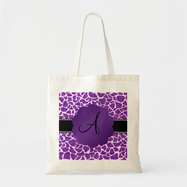 Monogram purple glitter giraffe print tote bag (Front)