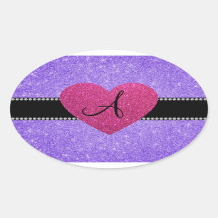 Monogram purple glitter pink heart oval sticker