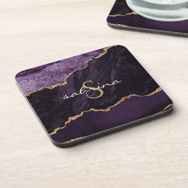 Monogram Purple Gold Agate Geode Coaster (Left Side)