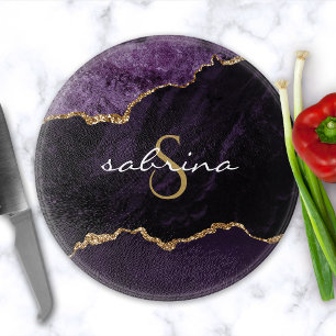 Monogram Purple Gold Agate Geode Cutting Board